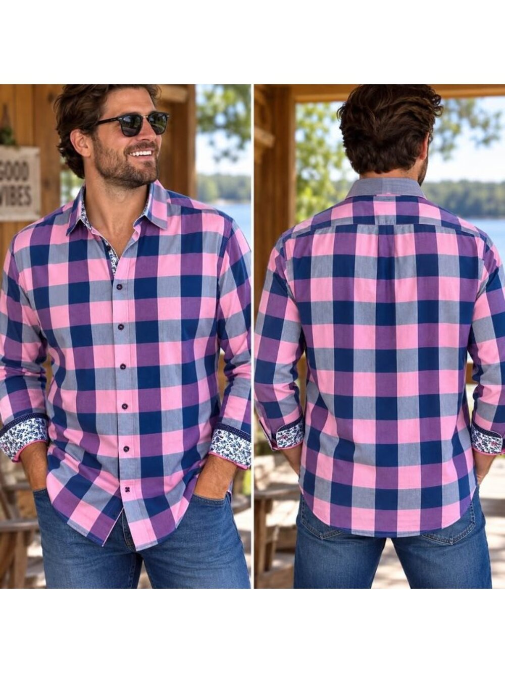 Au Noir Men’s XL Pink Blue Plaid Button-Up Shirt Size 6